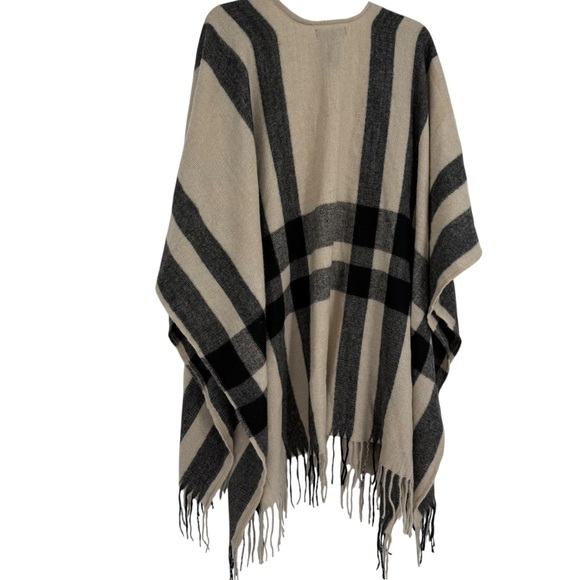 NEW Banana Republic Women Wrap Cardigan Poncho OS Tan Black Fringe Trim - Picture 3 of 12